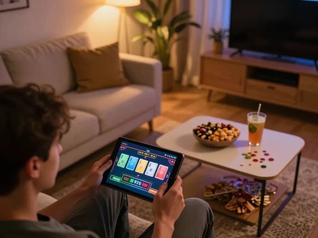 Nk88 player engaging in live dealer game on tablet in a cozy home setting with warm lighting.
