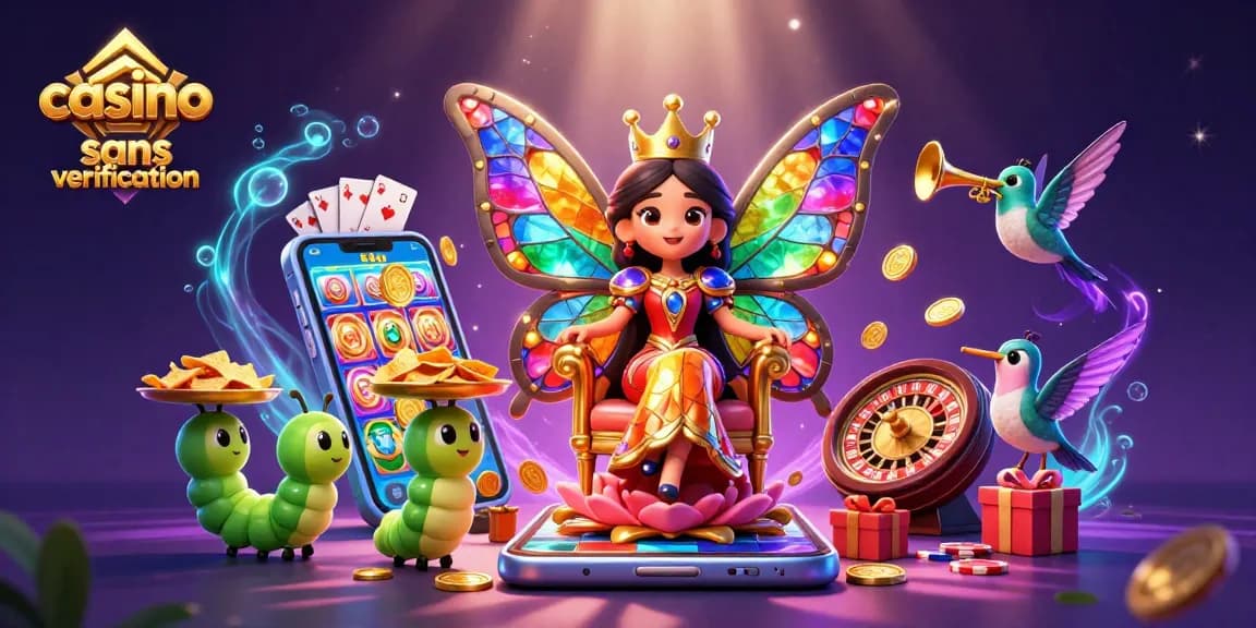 Jouez dans un casino sans vérification et gagnez avec des machines à sous colorées et des jetons d'or.