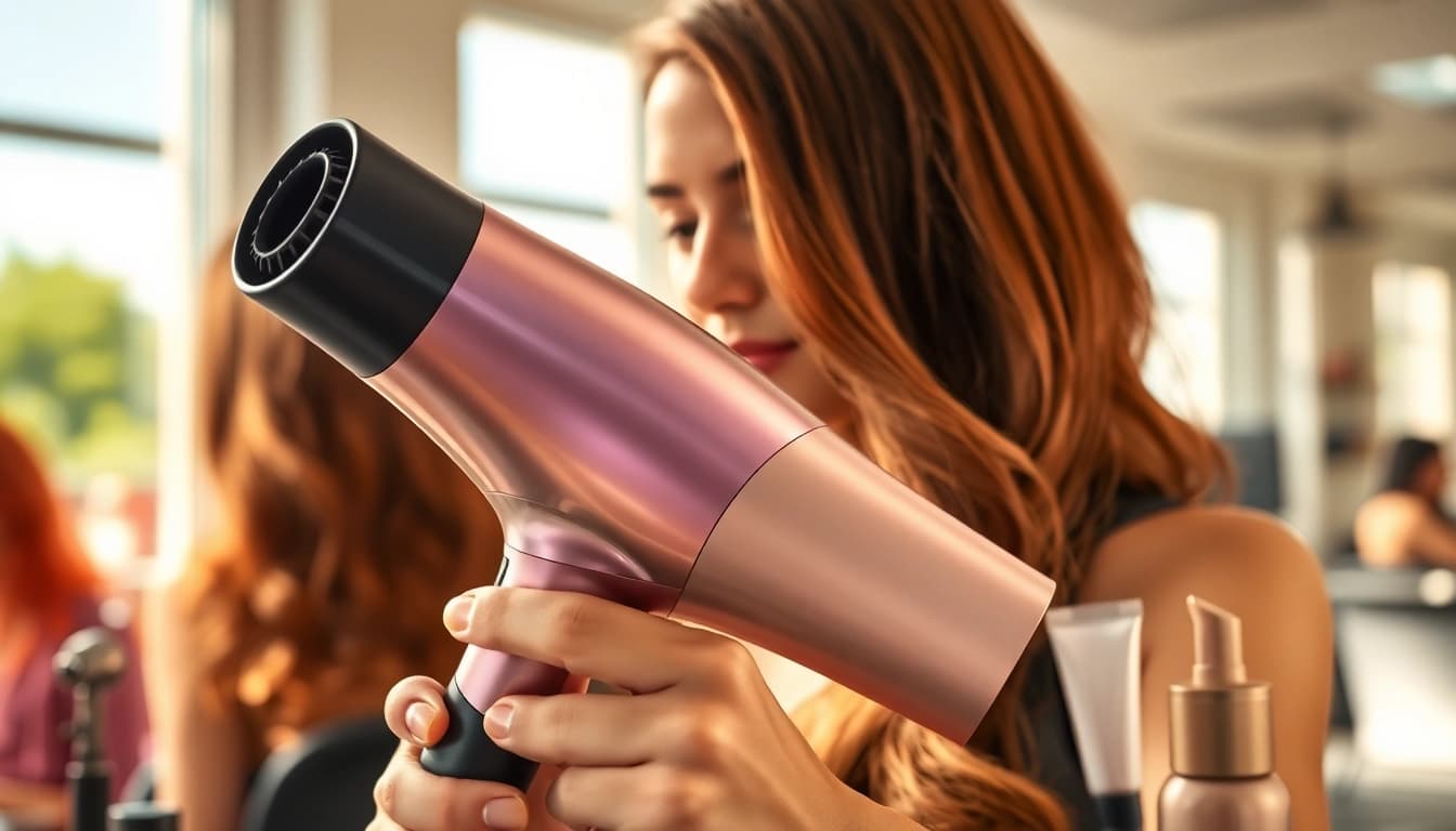 Stylist using frizzy hair dryer to create sleek hairstyles in a vibrant salon.