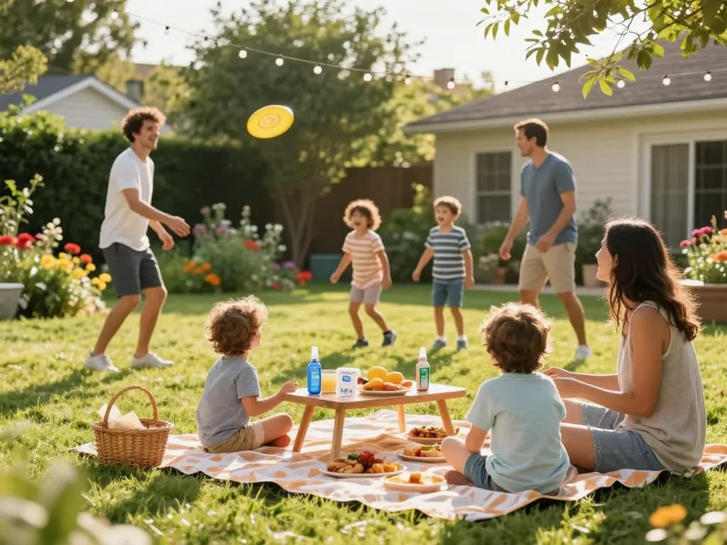 Best Mosquito Repellent displayed on picnic table during a family gathering in a vibrant backyard.