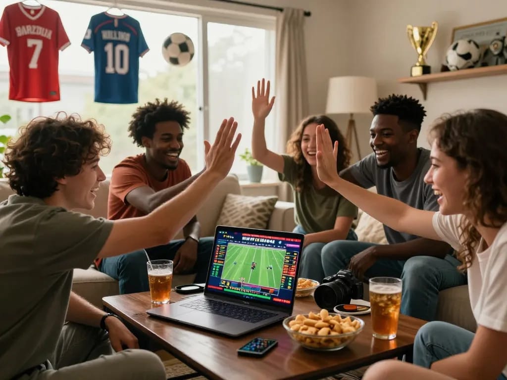 Group of friends enjoying online gambling with bong99 platform in a lively living room setting.