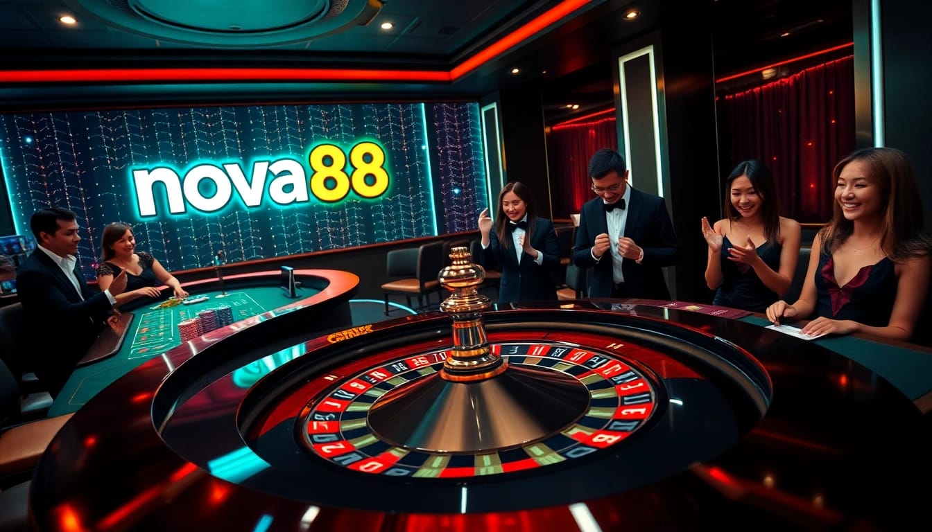 Experience the thrill of nova88 at a vibrant roulette table with excited players and shimmering chips.