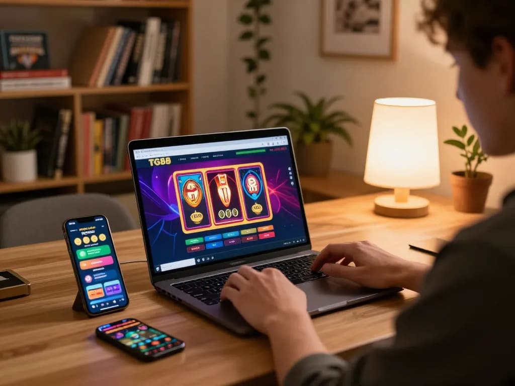 Player engaging in TG88 online casino gaming at home desk with laptop and strategy notes