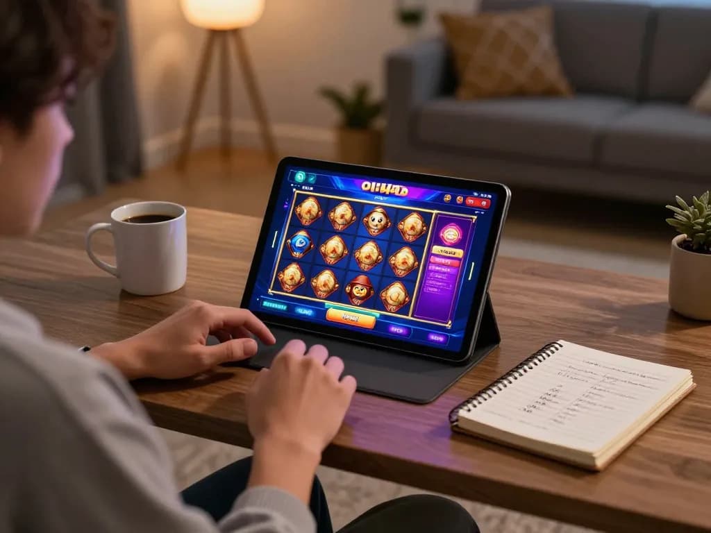 Engaging with oli4d slot games on a tablet in a cozy home setting, showcasing the excitement of online gaming.