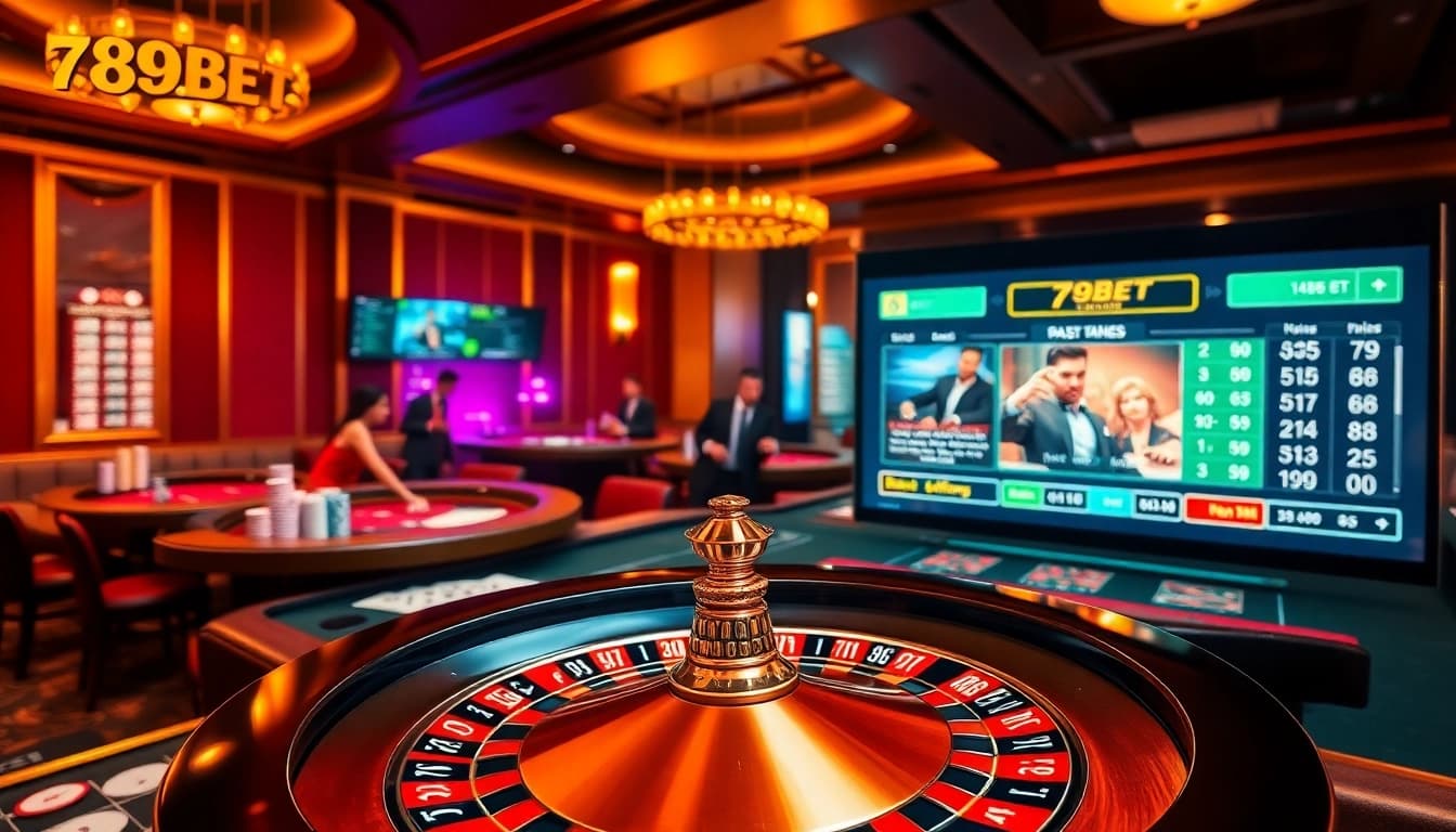 Experience thrilling gaming action with 789BET at a luxurious casino featuring poker tables and roulette.