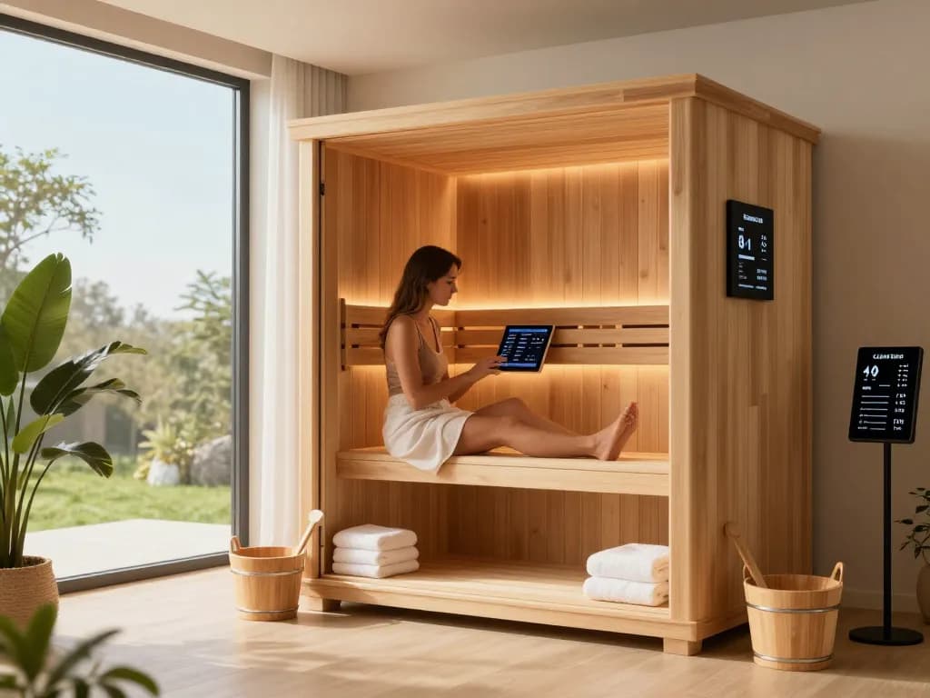 Custom sauna 3D model in elegant home setting, featuring designer adjusting options on tablet.