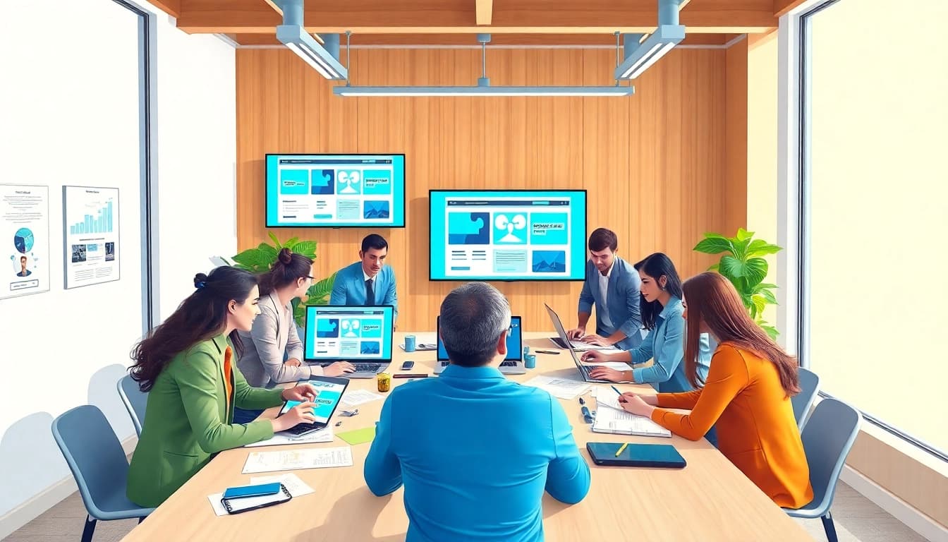 Creative team of Website Designers Hereford collaborating on web designs in a professional office.