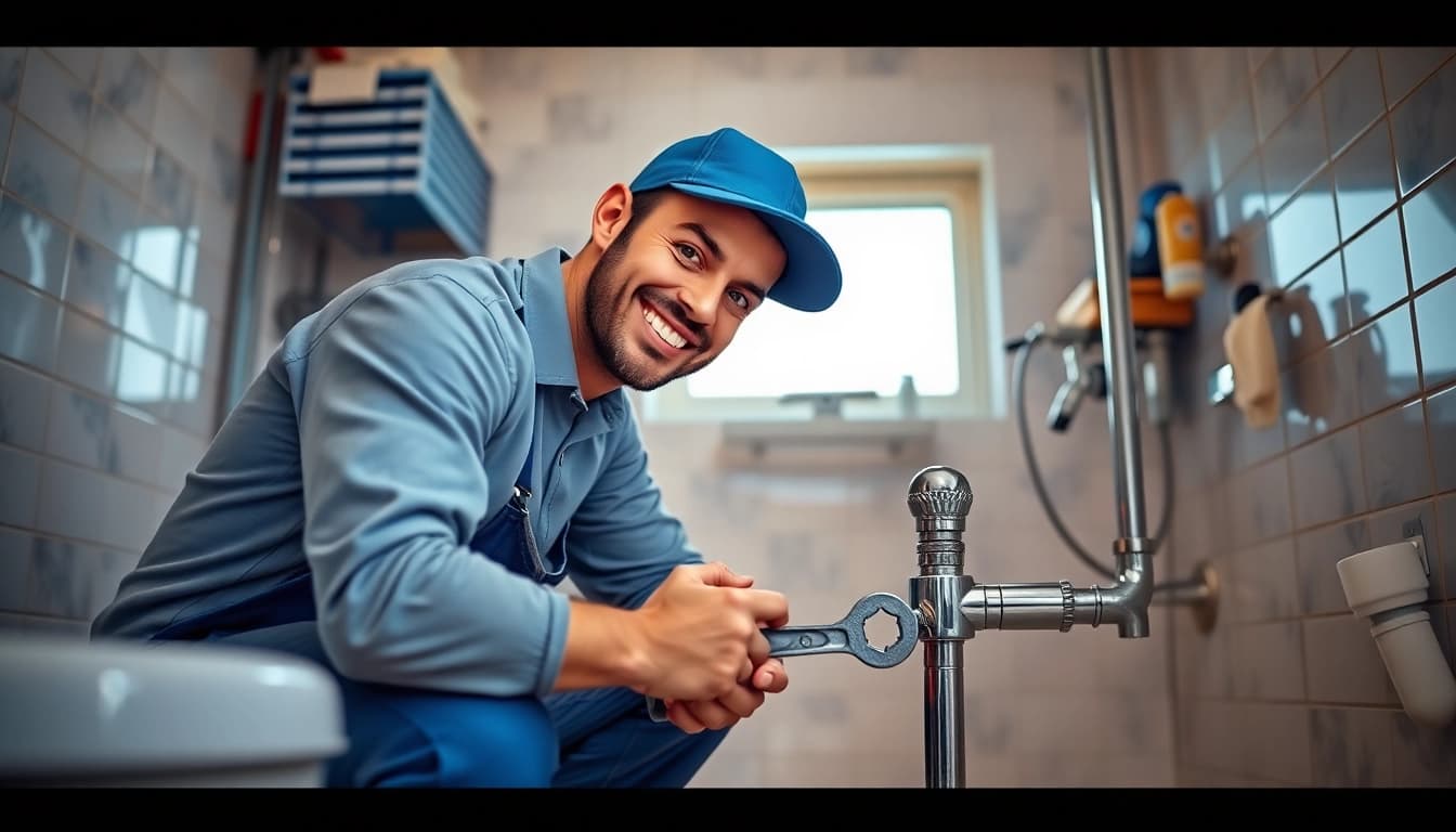 Skilled plumber near me inspecting pipes in a bright, modern bathroom setting.