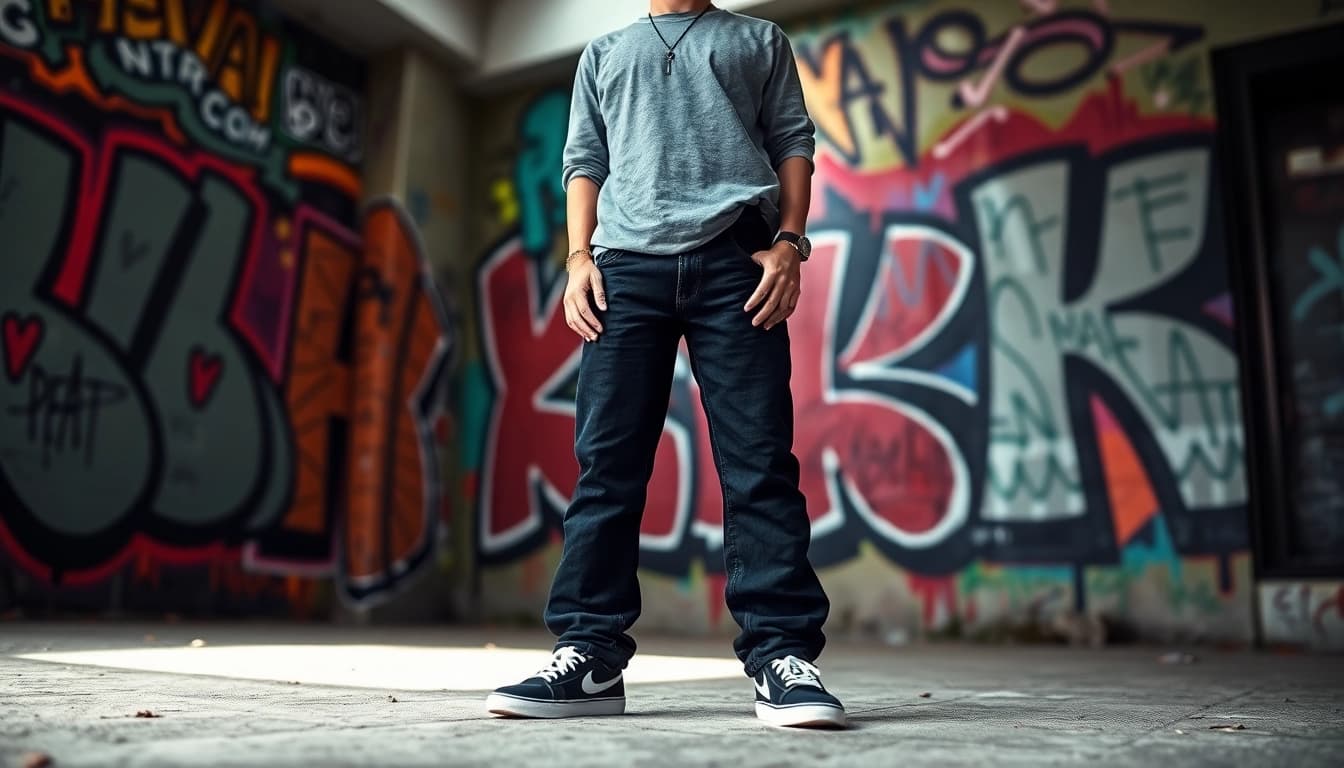 Model showcasing baggy black jeans against a vibrant urban backdrop.