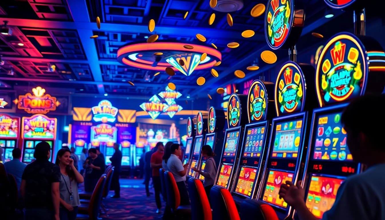 Permainan aplikasi slot menarik perhatian dengan mesin slot berwarna-warni dan lampu gemerlap.