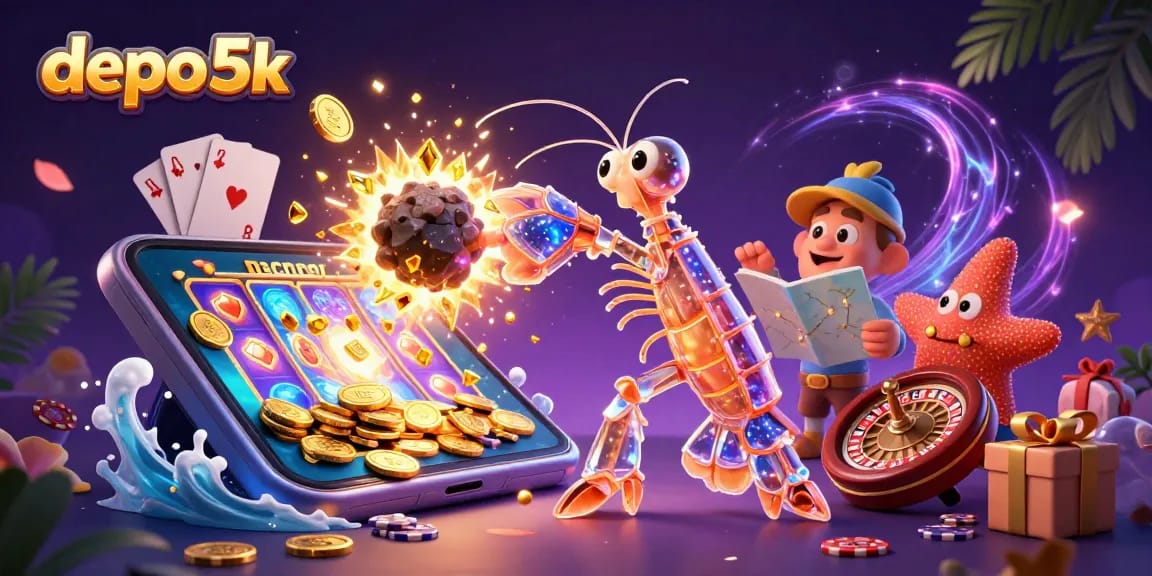 Experience the thrill of winning with depo 5k slots, featuring vibrant characters and dynamic casino elements in an exciting scene.