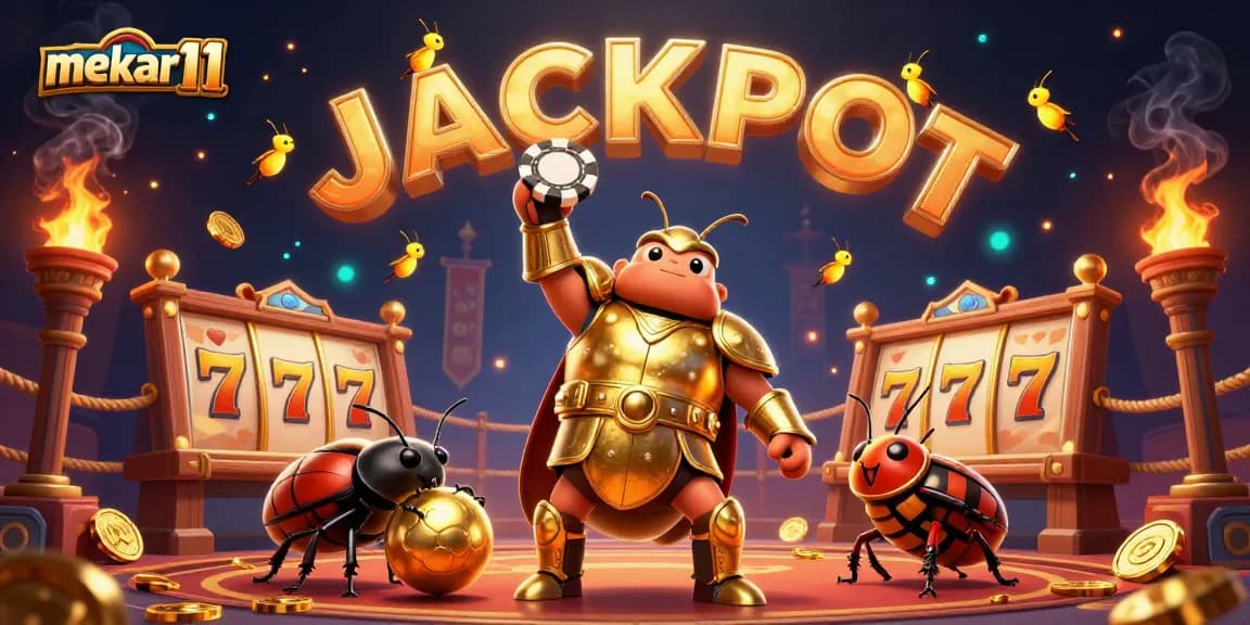 Win big with mekar11 as a heroic beetle celebrates jackpot victory with poker and gold elements.
