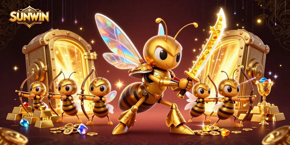 SUNWIN shines with a 3D cartoon giant golden hornet in samurai armor and bee archers, embodying casino excitement.