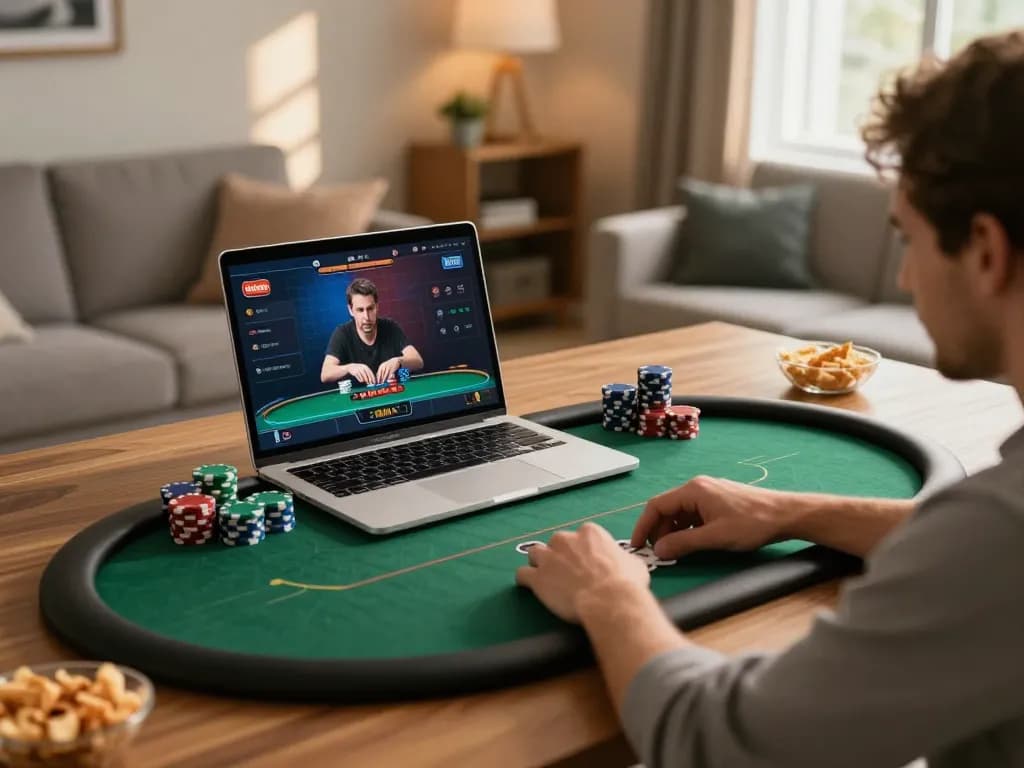 xx88 players enjoy an engaging online poker game from the comfort of home using a laptop