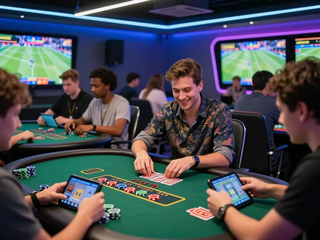 Exciting TR88 gaming session with players enjoying blackjack and sports betting in a vibrant atmosphere.