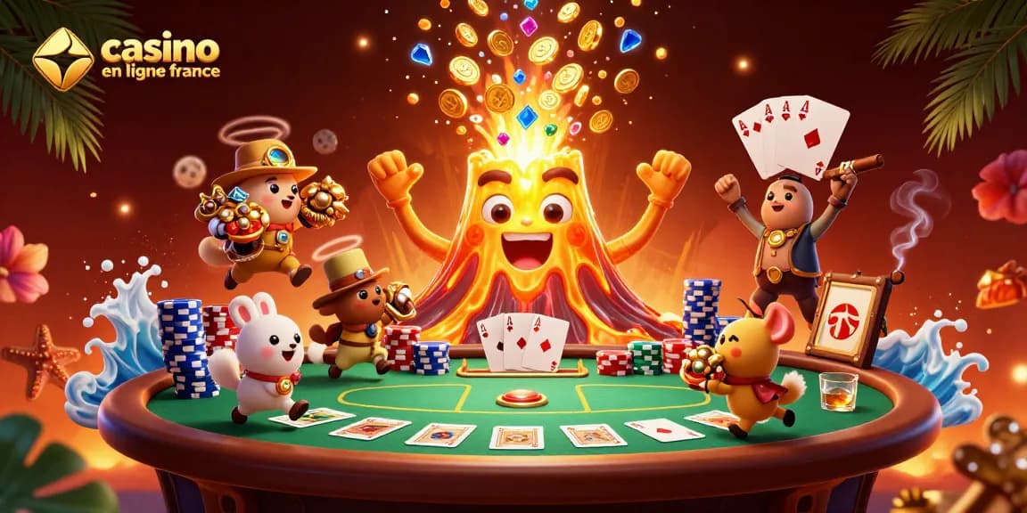 Jouez dans un casino en ligne France avec un volcan doré, trésors et jeux de poker.