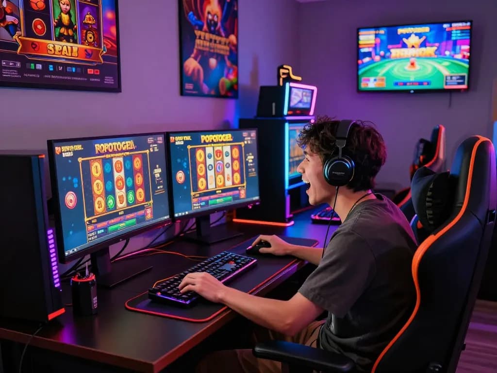 Exciting gaming scene with a player at POPOTOGEL: Situs Toto Slot Gacor Depo 10k Via Qris & Slot777 Gampang Menang Hari Ini 2026, showcasing slot game action and vibrant atmosphere.
