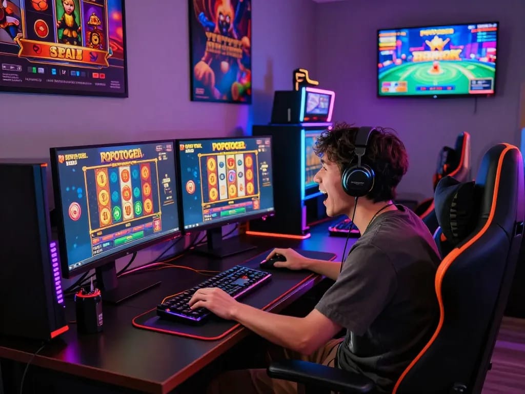 Exciting gaming scene with a player at POPOTOGEL: Situs Toto Slot Gacor Depo 10k Via Qris & Slot777 Gampang Menang Hari Ini 2026, showcasing slot game action and vibrant atmosphere.