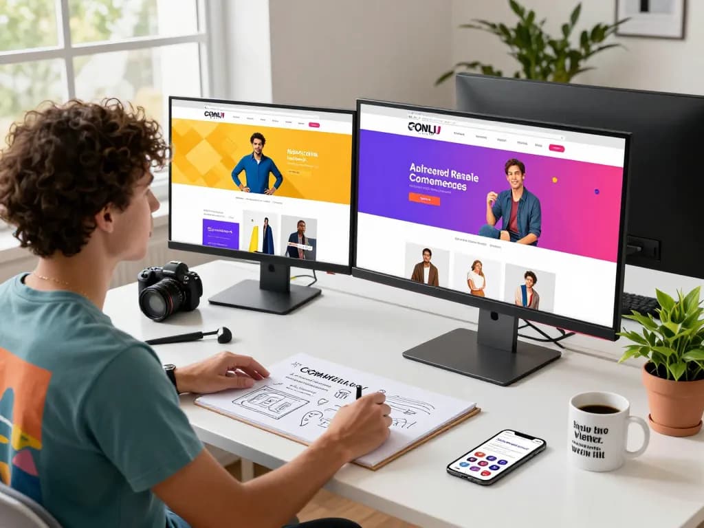 Creative freelance designer showcasing ecommerce website design near me, featuring vibrant mockups and modern workspace.