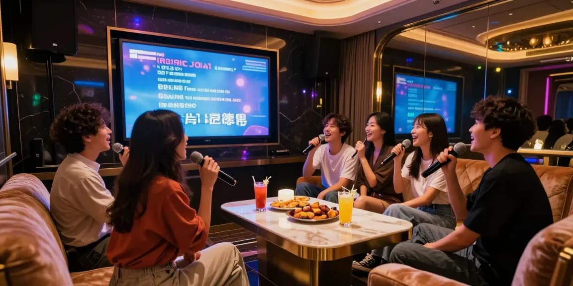 강남 가라오케에서 친구들과 함께 노래를 부르는 화려한 룸의 분위기