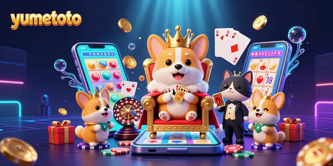 Experience thrilling lottery draws with yumetoto's dynamic scene featuring a royal corgi and gaming elements.