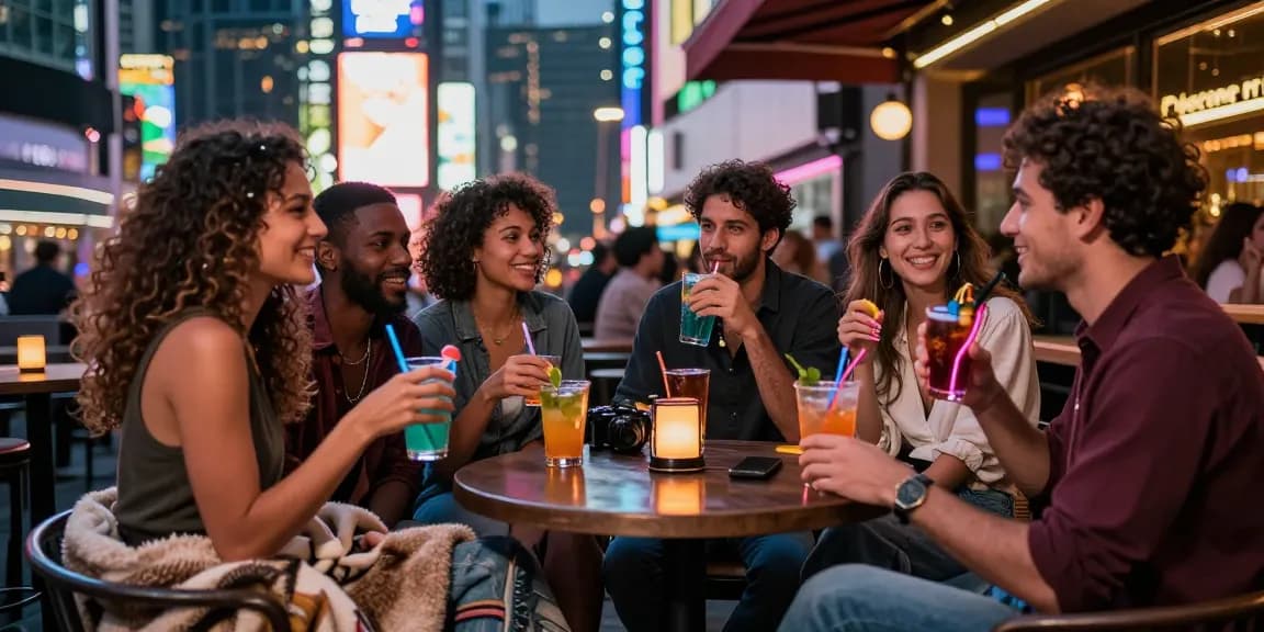 Friends enjoying cocktails at an urban bar, embodying the vibrant nightlife scene of rokok88.