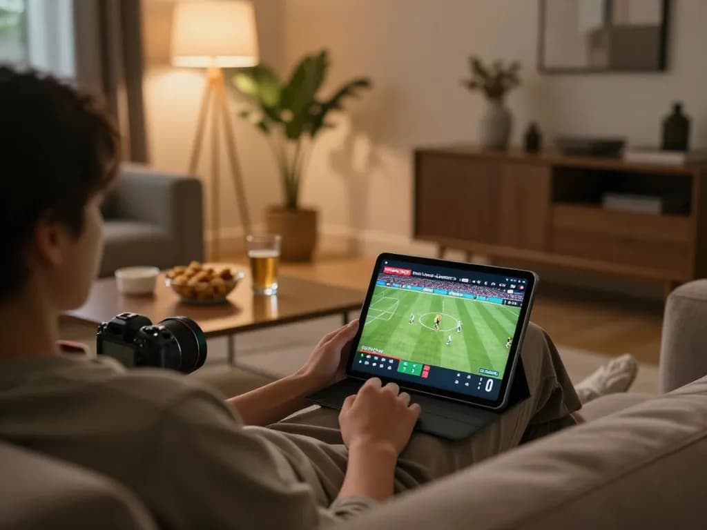 Socolive trực tiếp streaming football match on a tablet in a cozy home setting