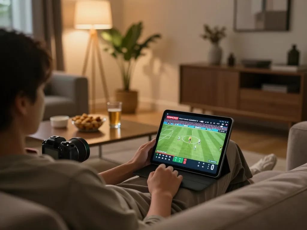 Socolive trực tiếp streaming football match on a tablet in a cozy home setting
