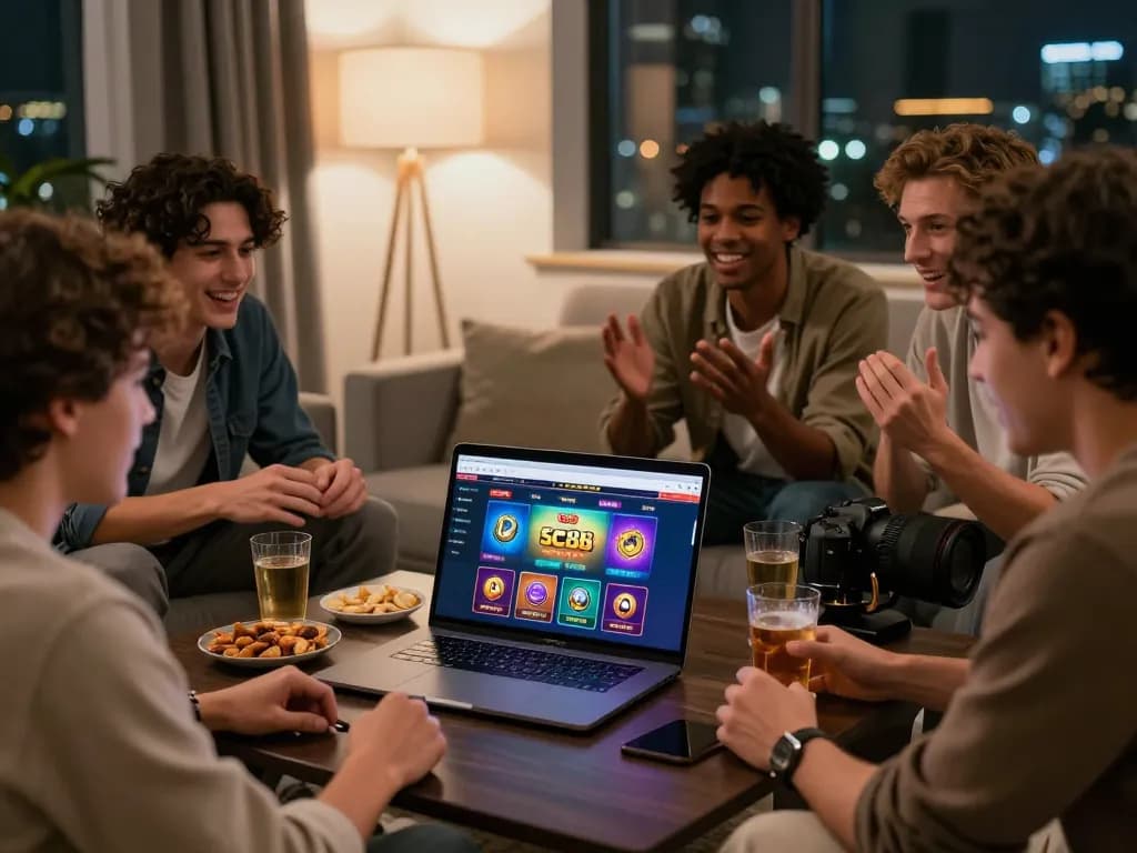 Friends enjoying the thrill of online betting at trang chủ SC88, engaging in lively conversation.