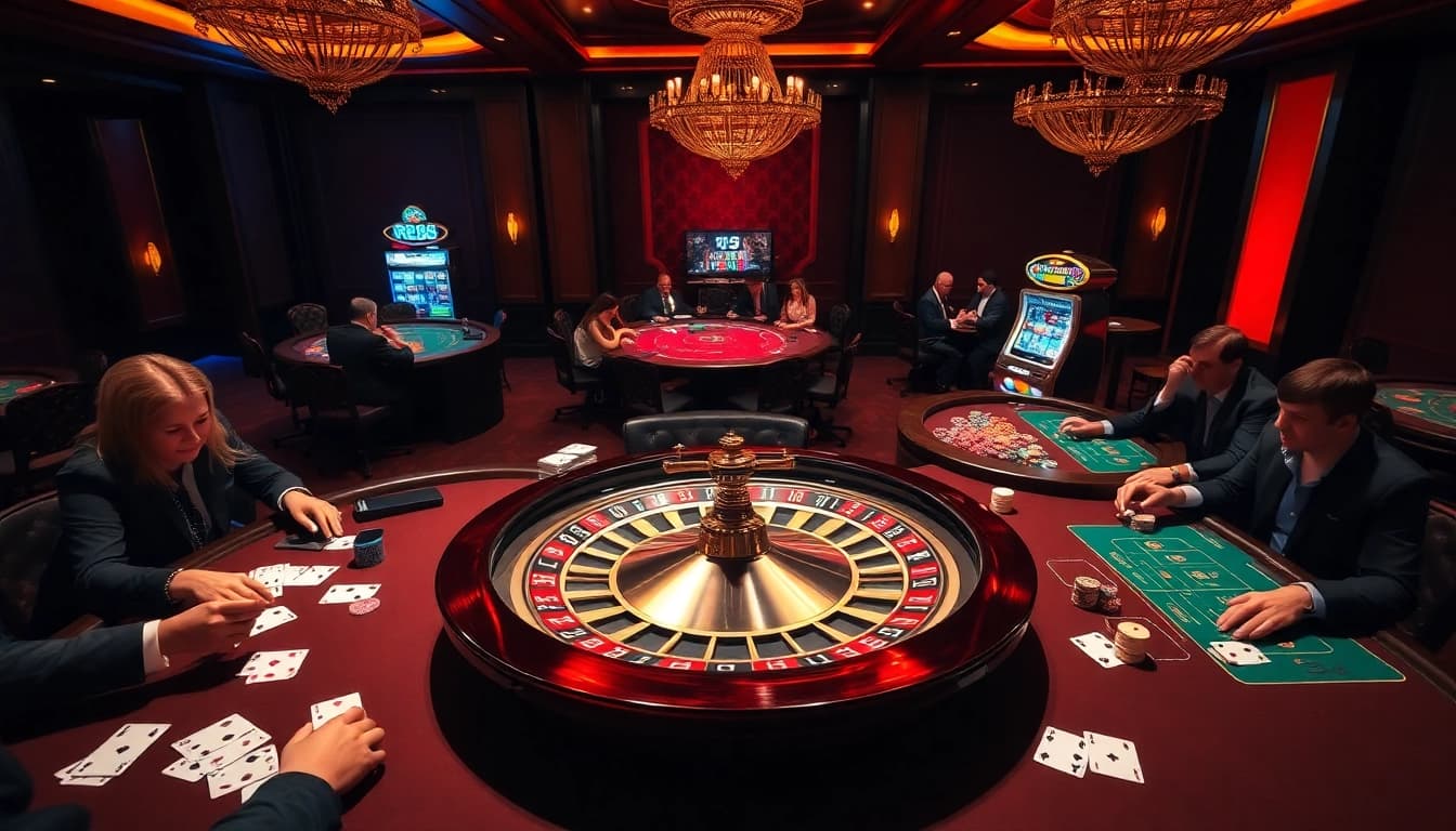 Experience the thrill of RR88 in a luxurious casino setting with roulette and poker tables.