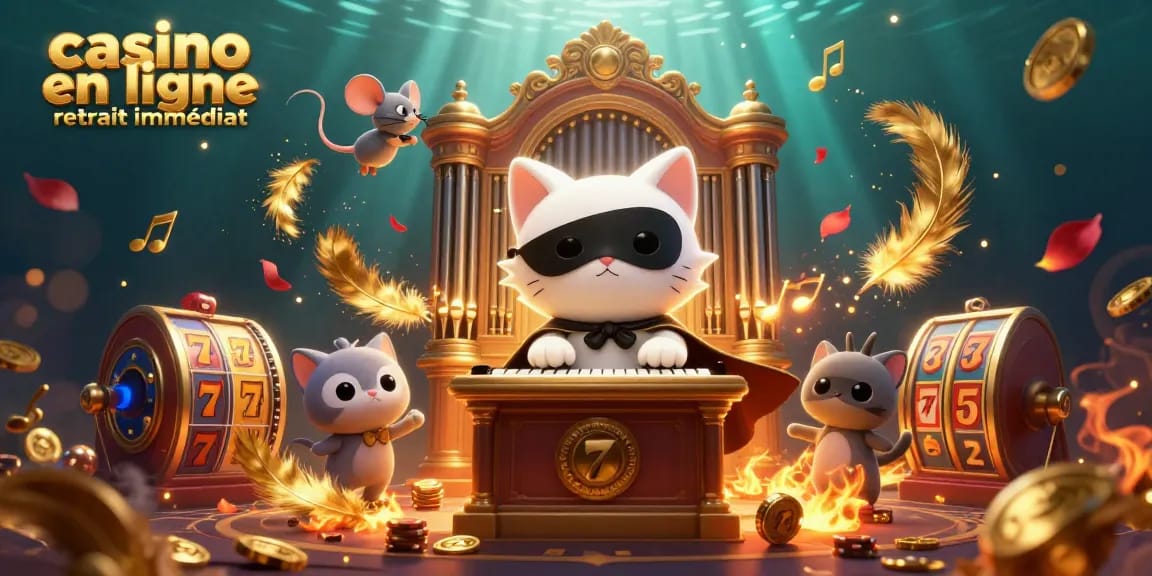 Découvrez une scène de casino en ligne avec un chat masqué, symboles de jeux, et des étoiles scintillantes. Casino en ligne retrait immédiat.