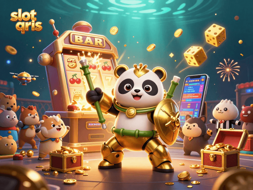 Slot QRIS memukau dengan ilustrasi panda emas dan mesin slot penuh koin.