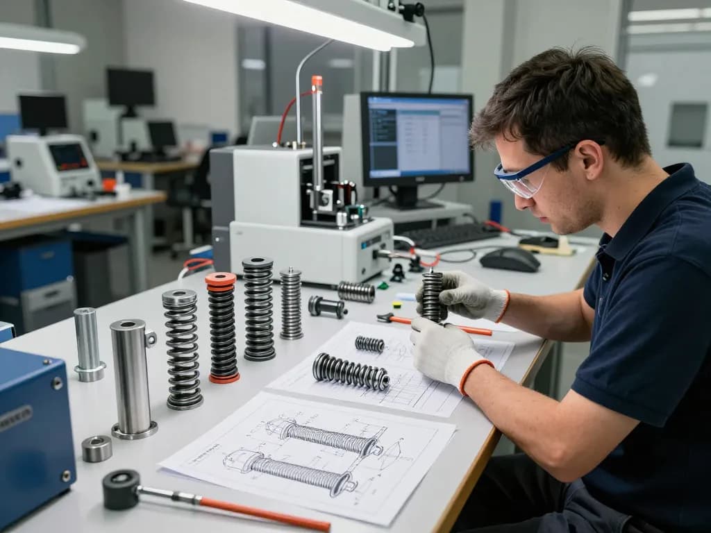 Inginer testând diverse arcuri tractiune într-un atelier modern cu unelte de precizie și scheme detaliate.