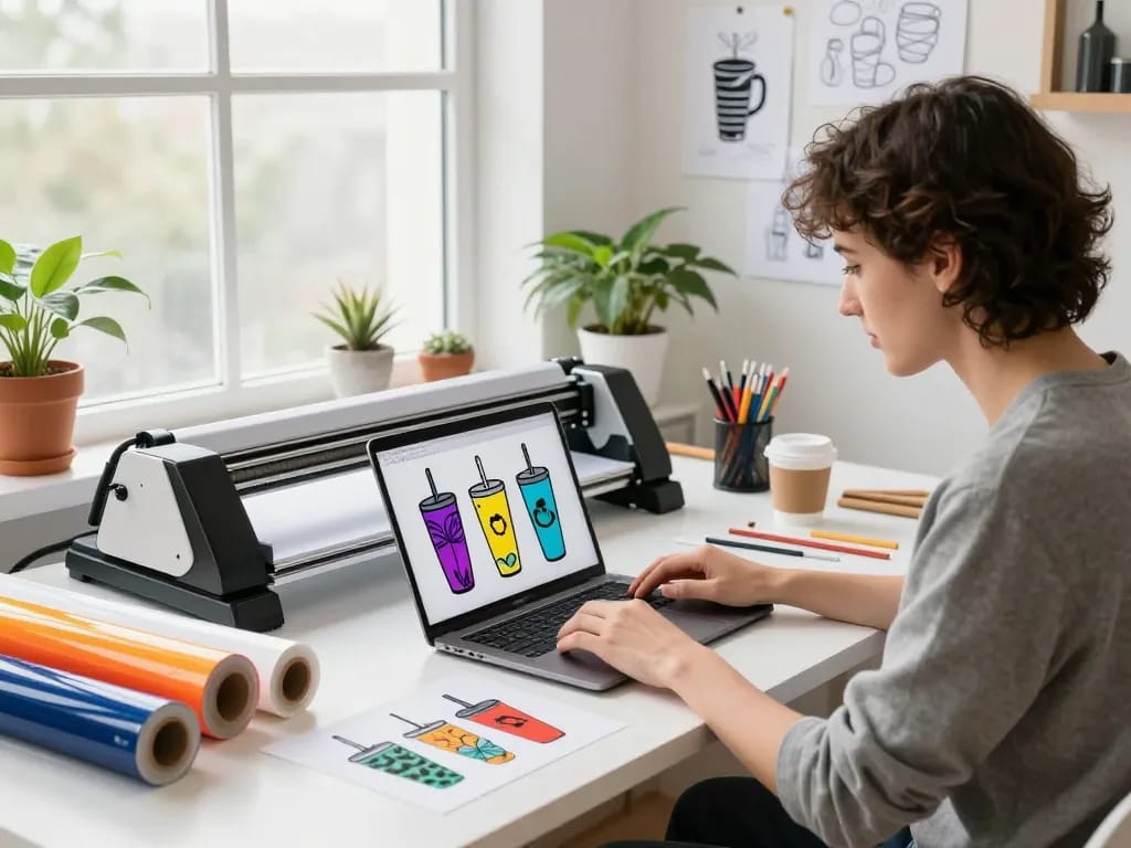 Designer showcasing a colorful svg bundle with tumbler designs in a bright workspace.