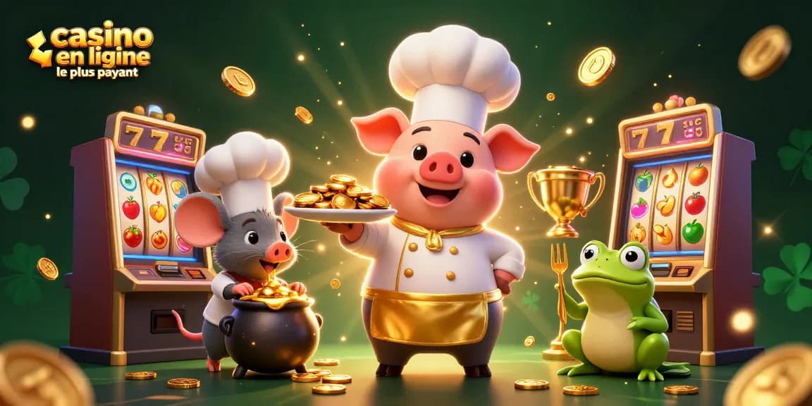 Jouez à casino en ligne le plus payant avec une illustration détaillée d'une scène de chef cartoon.