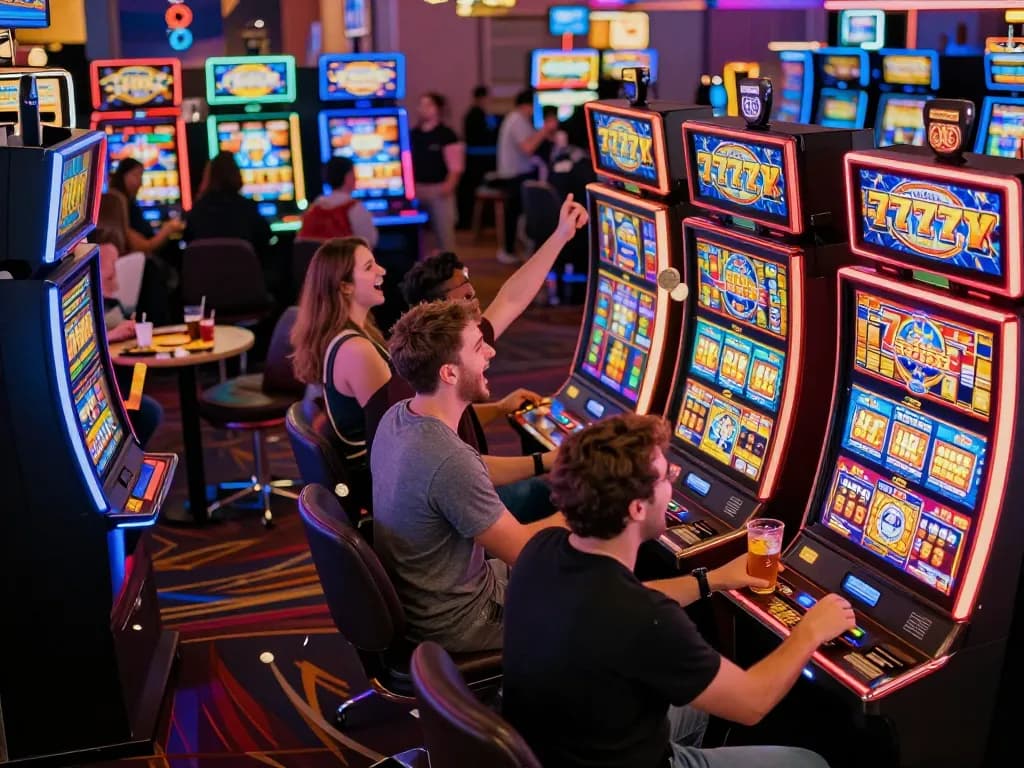Players celebrating wins at vibrant slot777 machines, showcasing excitement in a casino