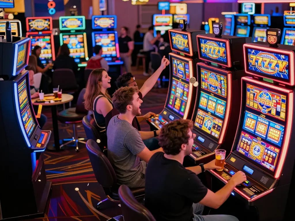 Players celebrating wins at vibrant slot777 machines, showcasing excitement in a casino
