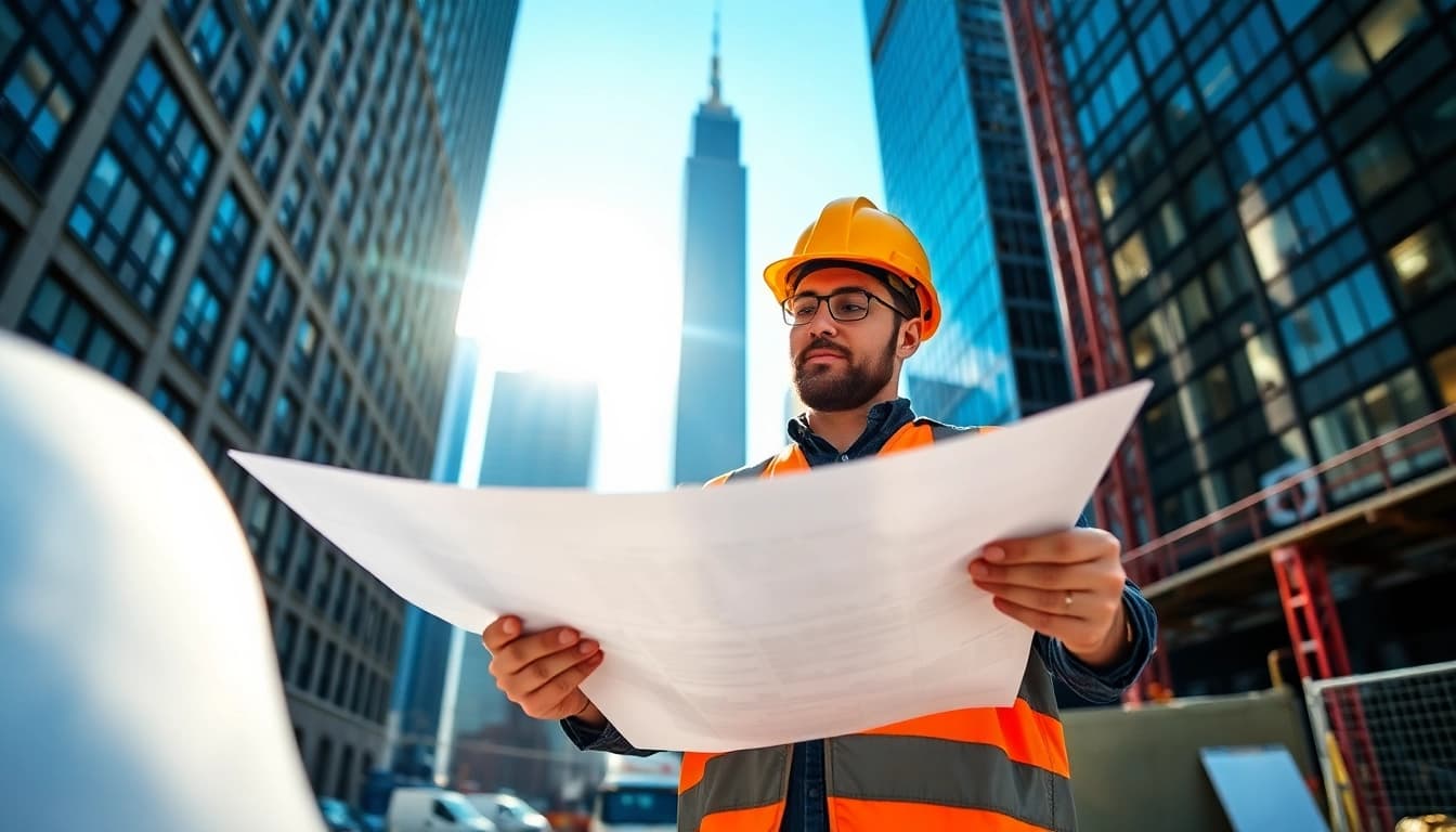 New York City Construction Manager reviewing blueprints at a lively urban site.