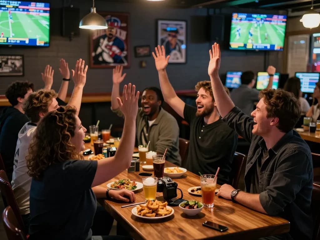 Exciting sports betting atmosphere at https://n188.build/, patrons celebrating wins with drinks and snacks