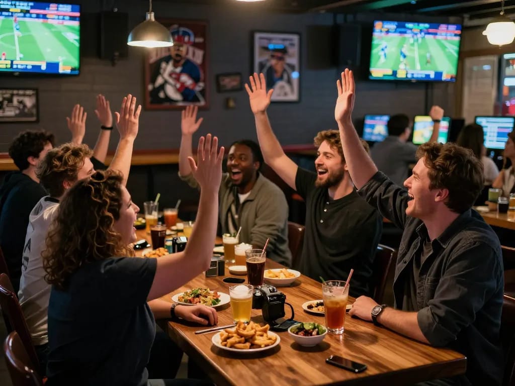 Exciting sports betting atmosphere at https://n188.build/, patrons celebrating wins with drinks and snacks
