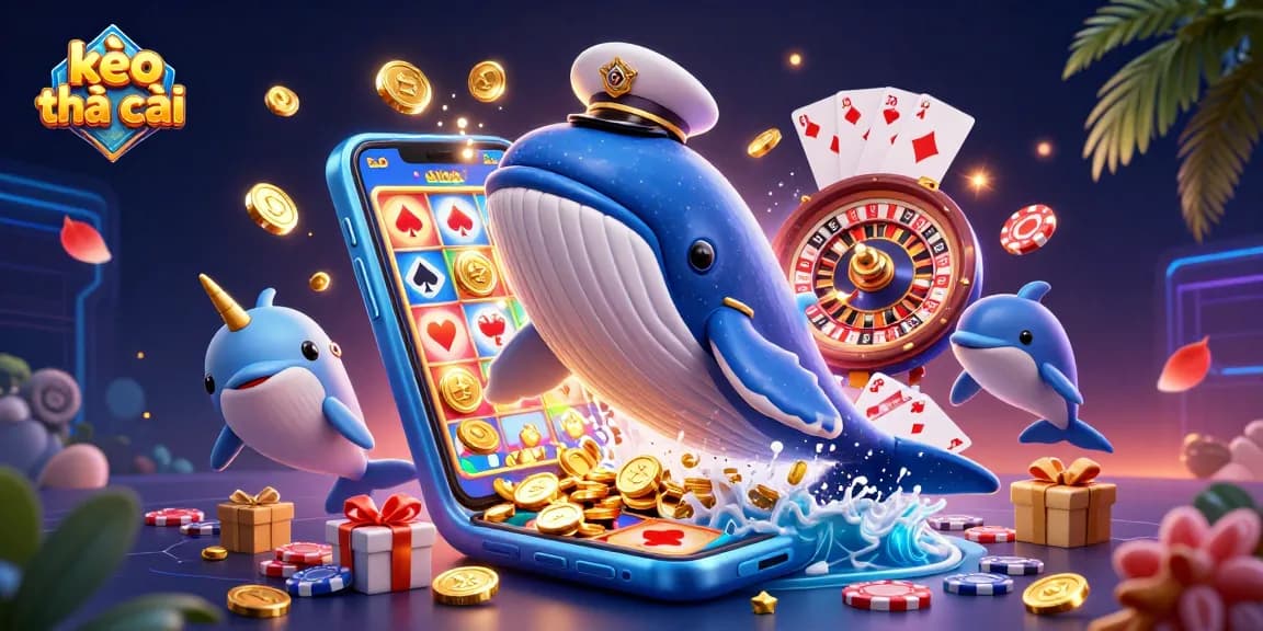 Experience thrilling kèo nhà cái with lively 3D illustration of whale, narwhal, and dolphins flipping poker chips.