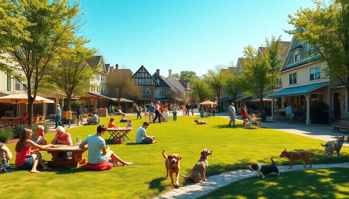 Clarksburg community scene showcasing families enjoying a sunny park day with playful activities.