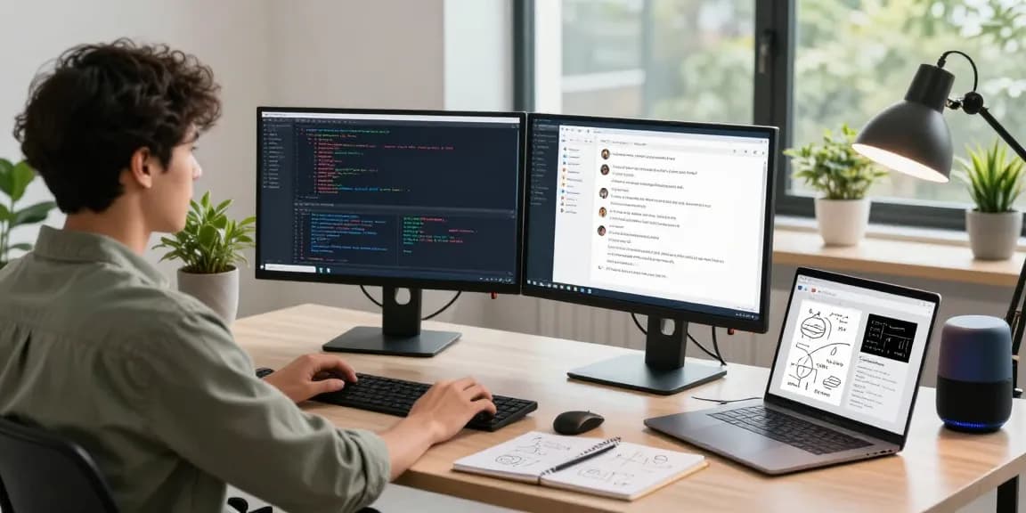 Enhance your communication with 纸飞机下载, featuring a dynamic tech workspace where a programmer debugs and designs applications.