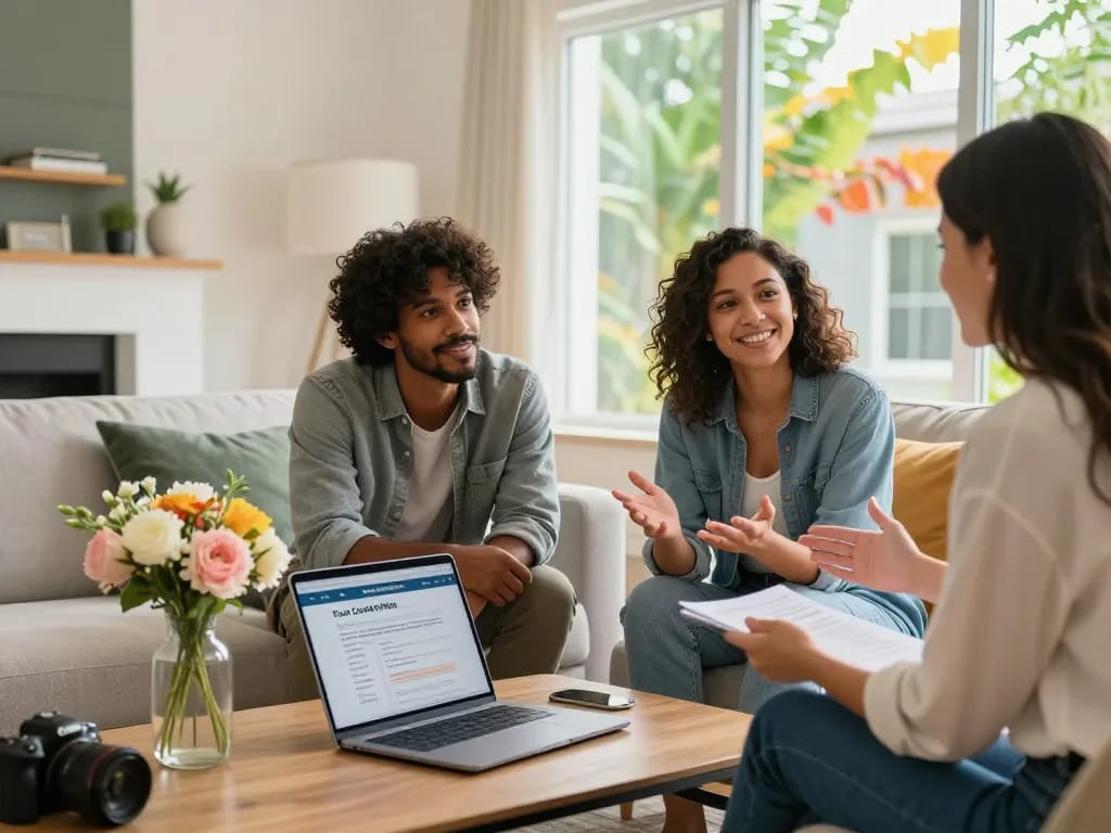 Engaging scene of a couple exploring fast cash for homes with a cash buyer in an inviting open house.