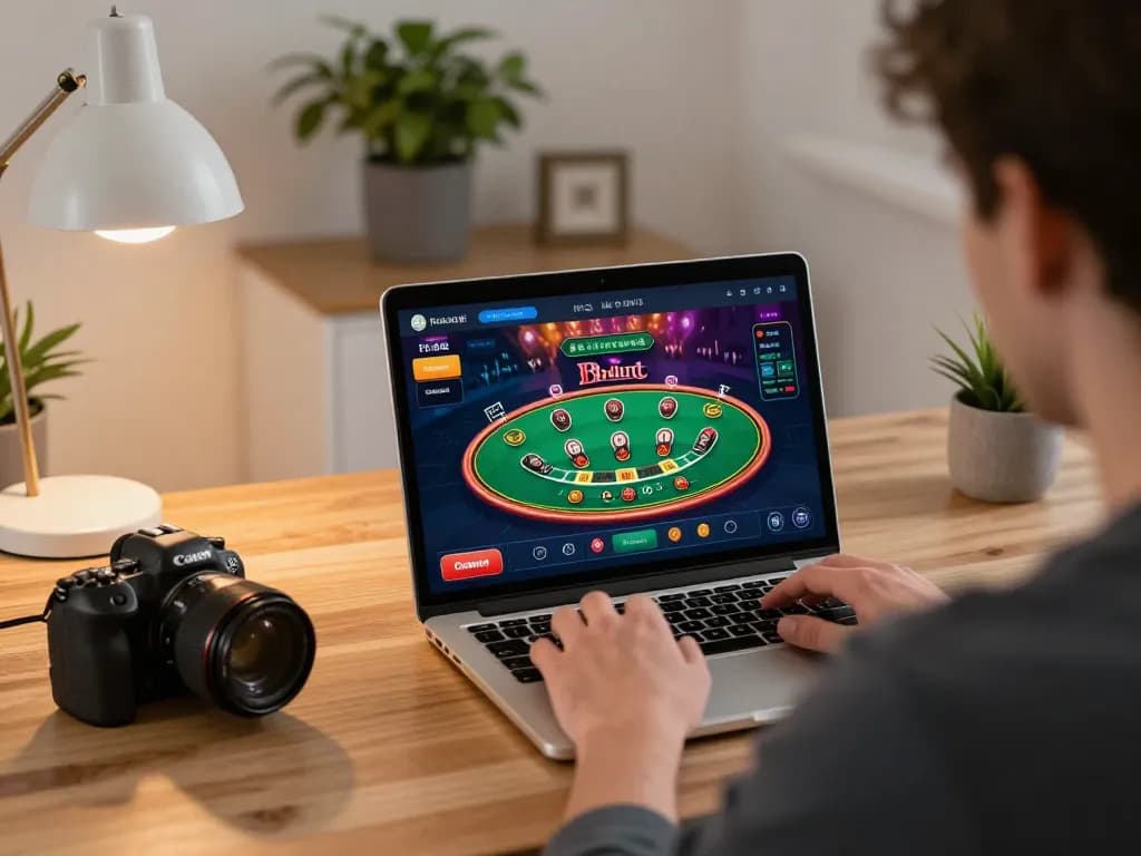 A player engaging with the BL555 online gambling platform while strategizing for a live blackjack game at home.