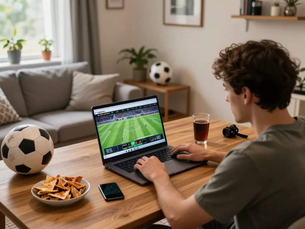 Cakhiatv user engaged in online sports betting, displaying live football matches on laptop, cozy home atmosphere.