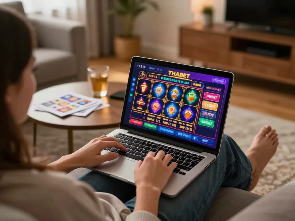 Individual enjoying online gaming at THABET on a laptop, set in a cozy living room.