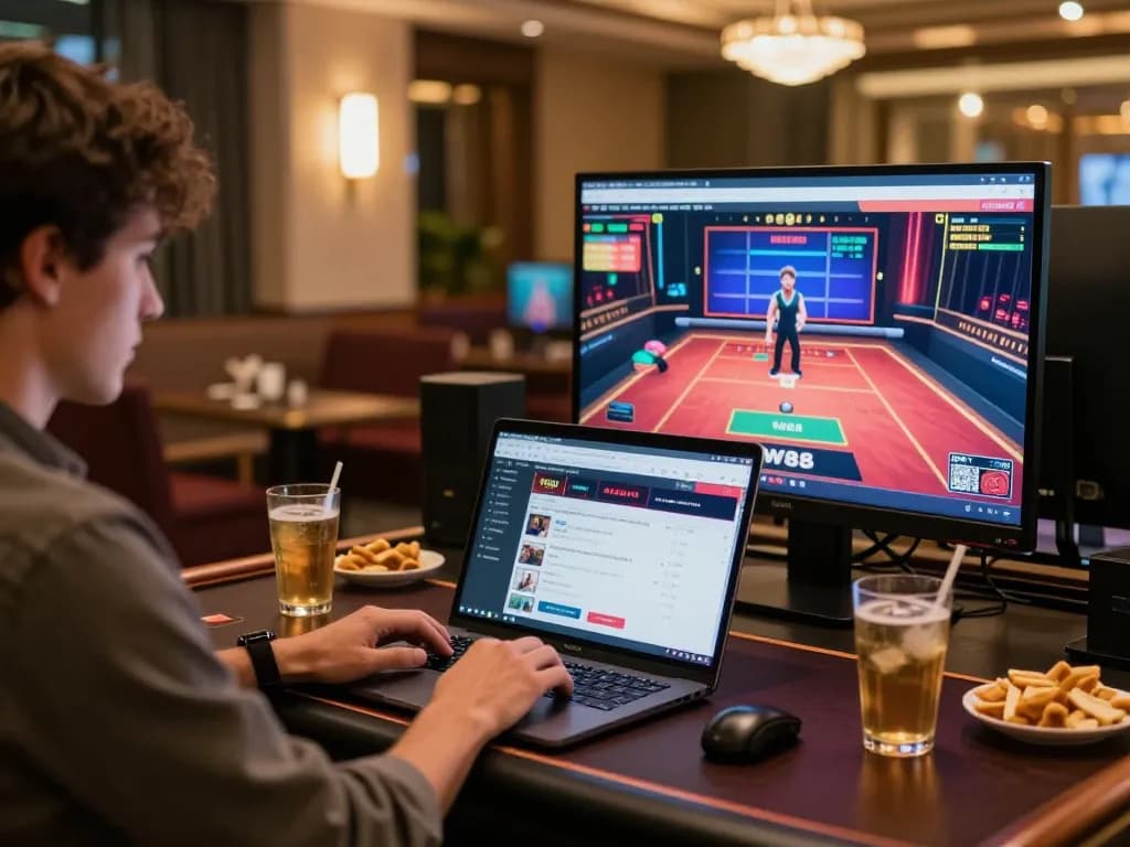 Player engaging strategically with W88 online gambling app on laptop, enhancing casino experience.