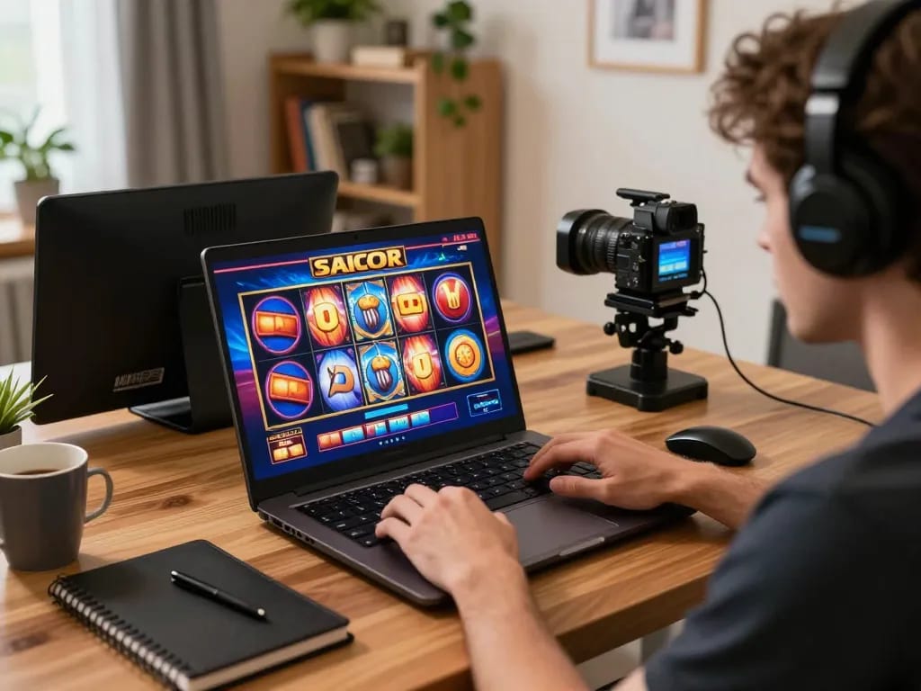 Engaging in lively slot gacor gameplay on a laptop with colorful interface and animated reels.