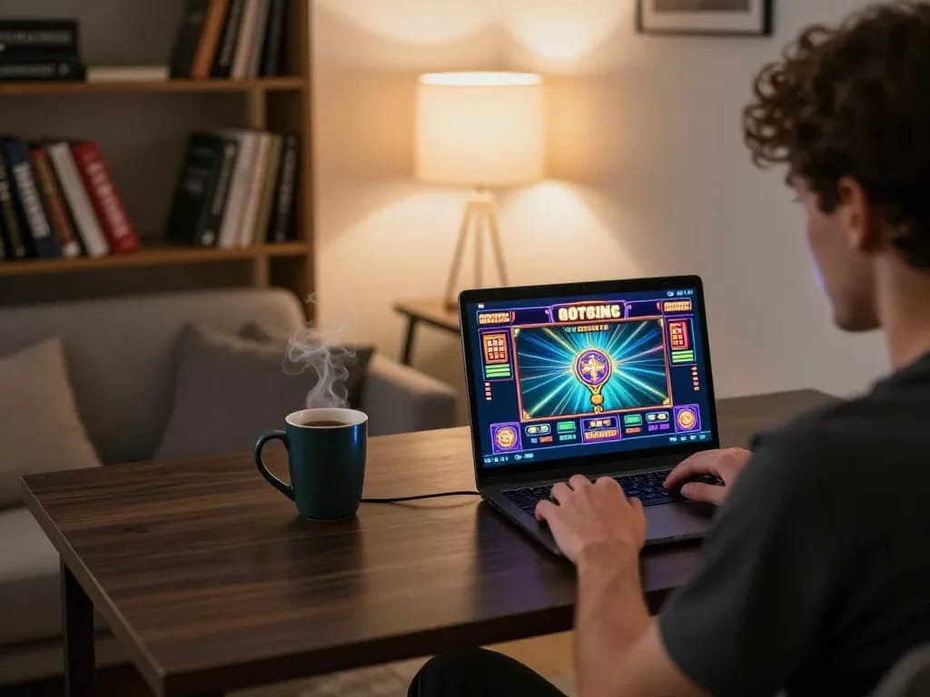 Player engaged in online slots on laptop at home, showcasing uu88ae gaming experience in a cozy setting.